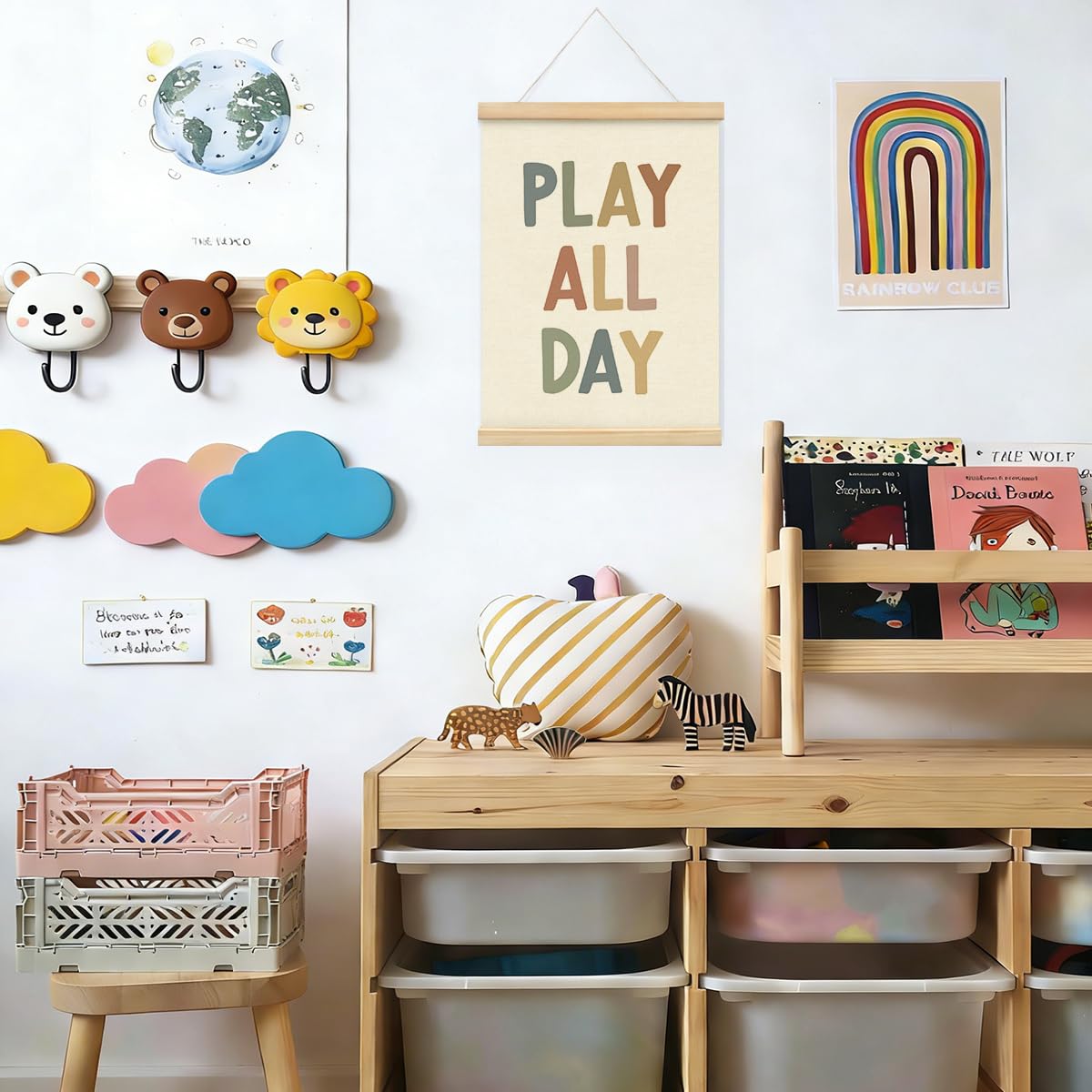STHTTSW Boho Play Room Wall Decor Poster Hanger Frame, Play All Day Nursery Wall Art Kids Wall Decor, Playroom Art for Toddler Playroom Bedroom Kids Room Baby Girl Nursery,12x16 Inch