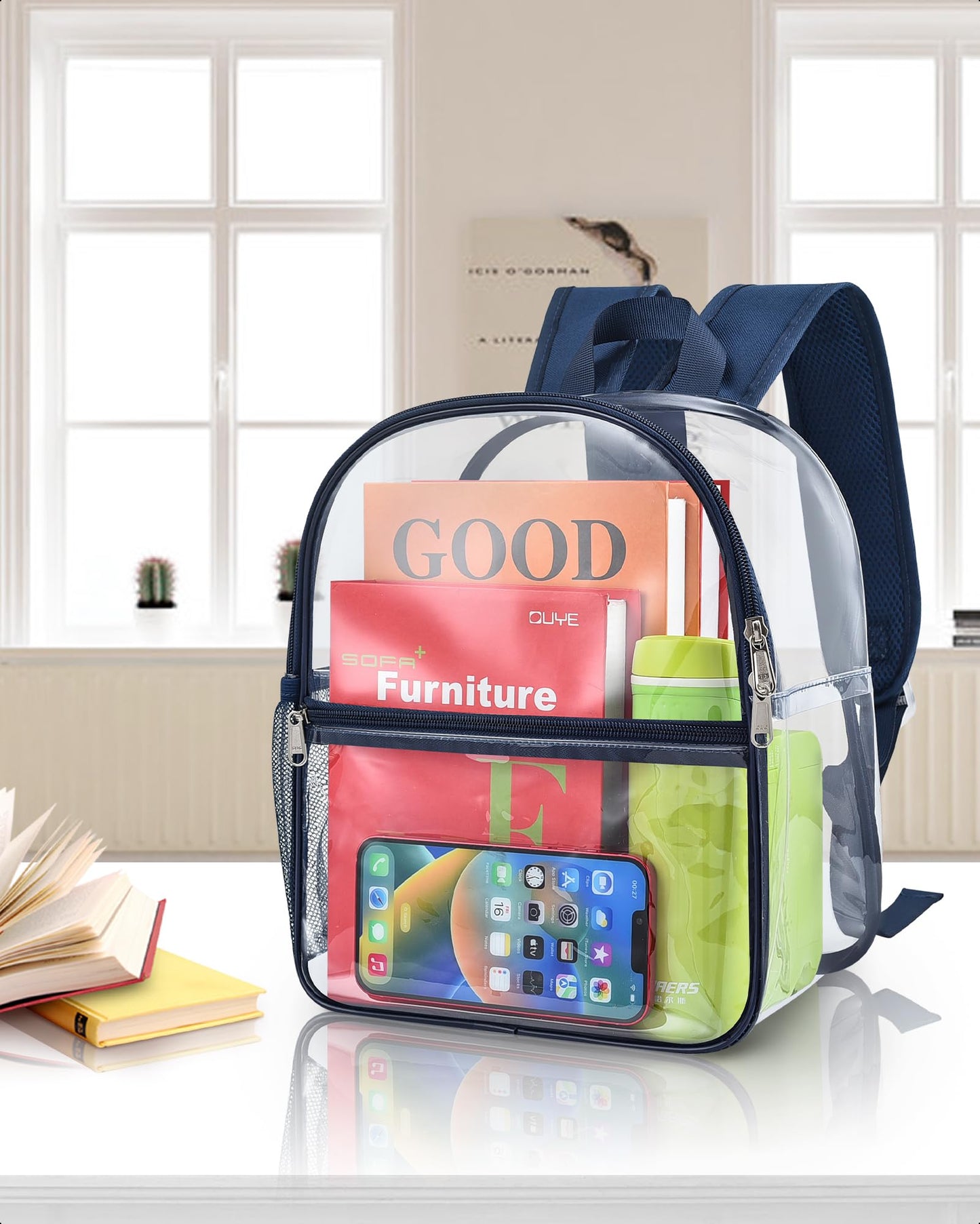 Paxiland Clear Backpack Stadium Approved 12×12×6 with Reinforced and Wider Shoulder Straps, Small Clear Bag for Schools, Concerts, Work, Festivals and Sporting Events - Navy
