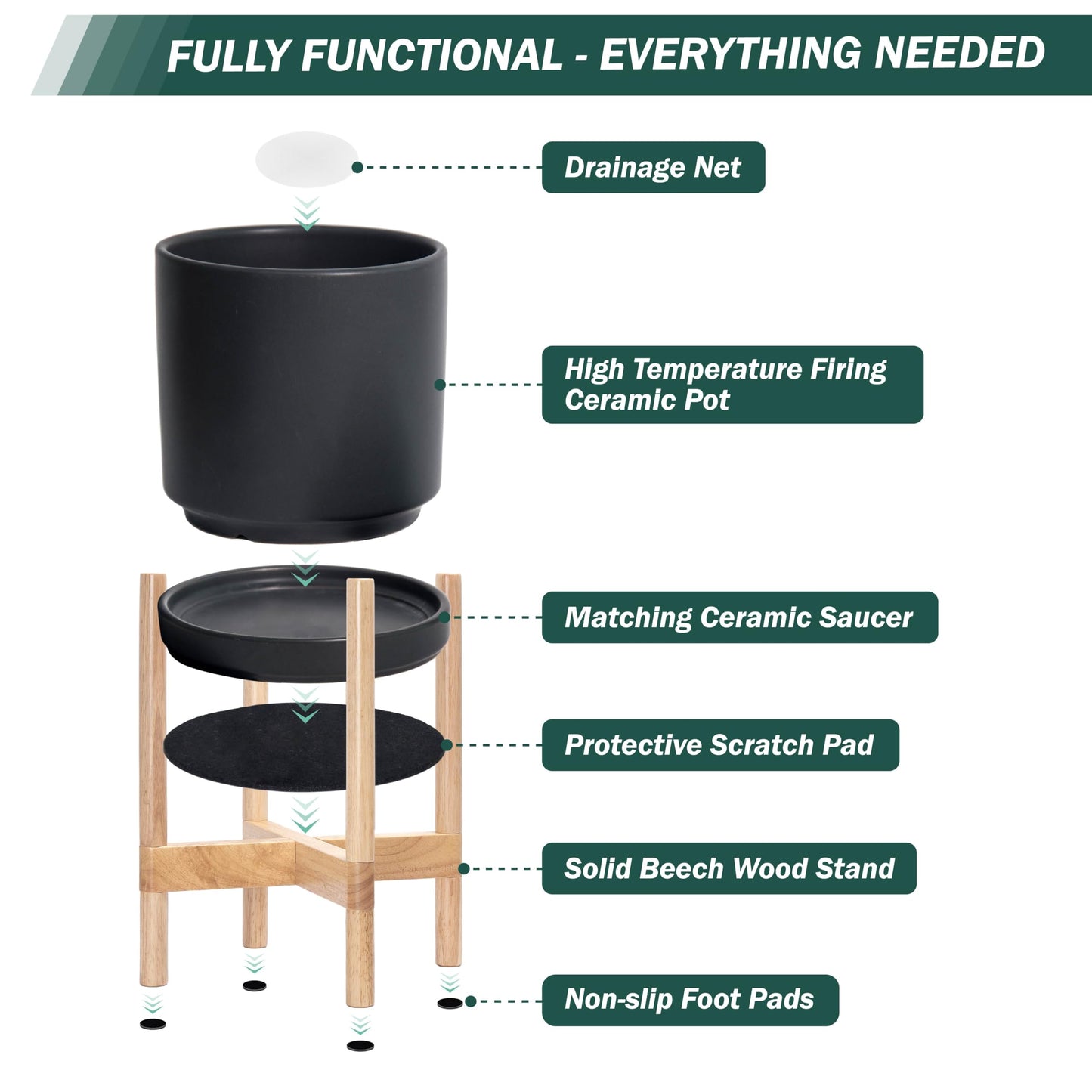 D'vine Dev Ceramic Planter with Natural Stand - 10 Inch Modern Round Flower Pot with Wood Planter Holder, Black, 55-B-K-2