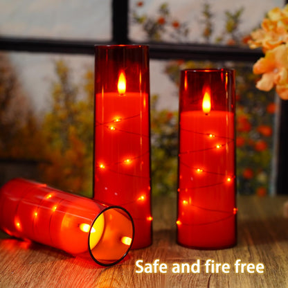 Nimiko Flickering Flameless LED Candles,Battery Operated Candles 9 Pcs with Embedded Star String,Acrylic LED Pillar Candles with Remote,Suitable for Home Decoration to Create an Atmosphere（Red）