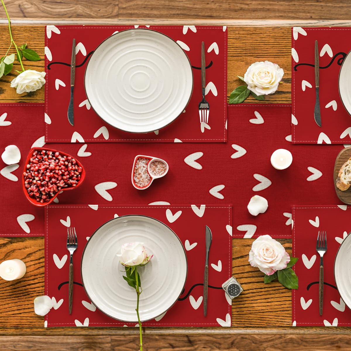 Artoid Mode Red Love Hearts Placemats Set of 4, 12x18 Inch Seasonal Anniversary Holiday Table Mats for Party Kitchen Dining Decoration