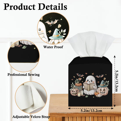 Ghost Pumpkin Tissue Box Covers Square, Leather Tissue Holders Decorative for Home Office Bathroom Organizer, Square Facial Paper Organizer Halloween Home Decor -005