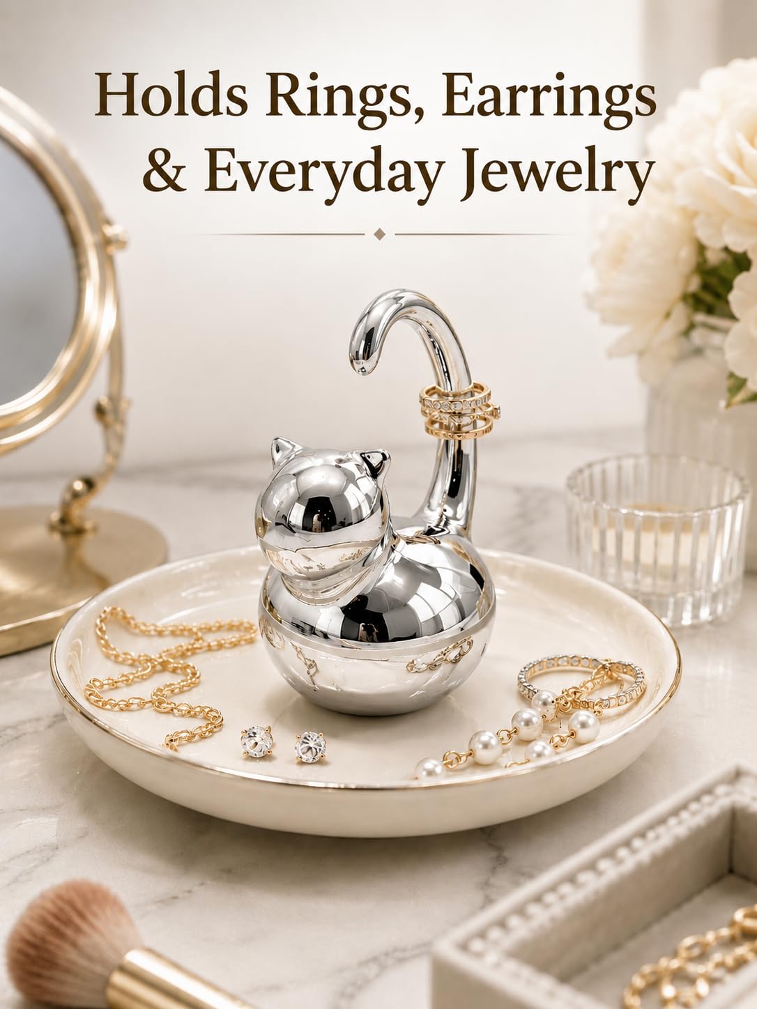 Cat Ring Holder Jewelry Dish–White & Silver Fat Cat Ceramic Trinket Tray,Birthday,Wedding,Graduation Gift for Women & Girls,Rings Earrings Necklaces Bracelets–Vanity,Nightstand,Dresser,Bathroom