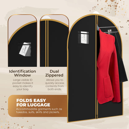 Your Bags Travel Garment Bag – Zippered Single Suit Bag – Water-Resistant Clothes Cover - Hanging Garment Bags for Travel with ID Pocket – 40" x 24" - Black With Gold Trim (Pack of 3)