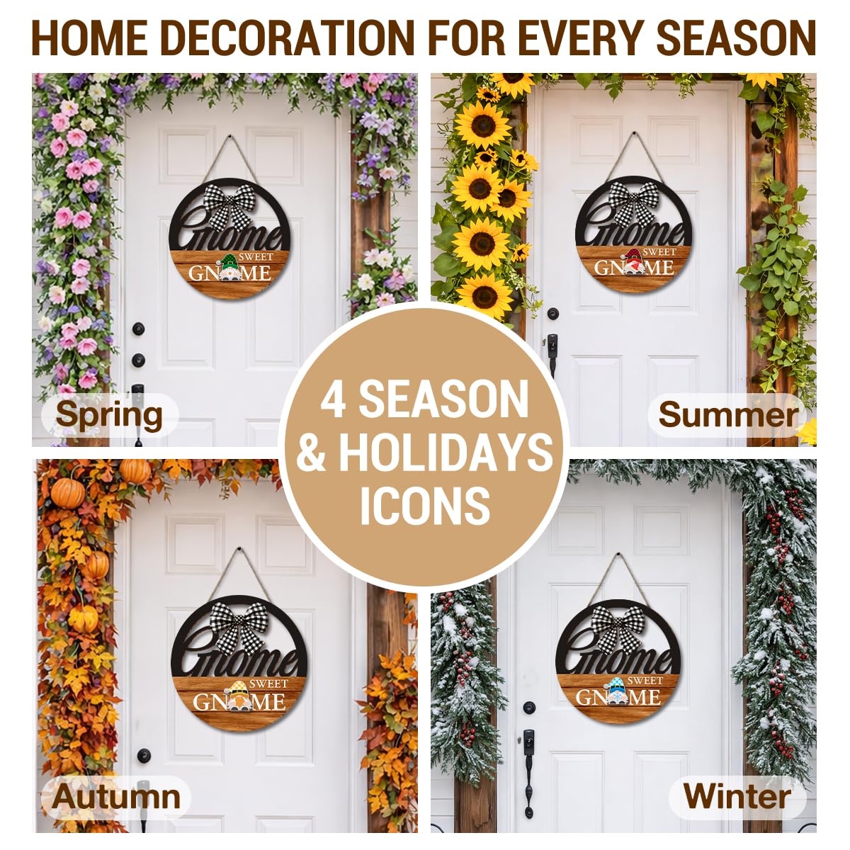 Interchangeable Seasonal Gnome Sweet Gnome Hanging Sign - Farmhouse Front Door Decoration for Spring All Seasons Holidays - Rustic Round Wood Wreaths with 12 Icons(Orange)