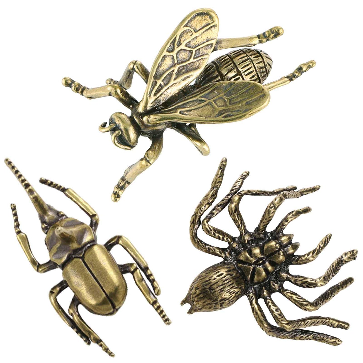 3PC Bees Beetles Spiders Sculpture Solid Metal Brass Animal Figurine Mini Insect Statue Ornament for Home Office Garden Desktop Decor Scene Decoration (Bees + Beetles + Spiders)