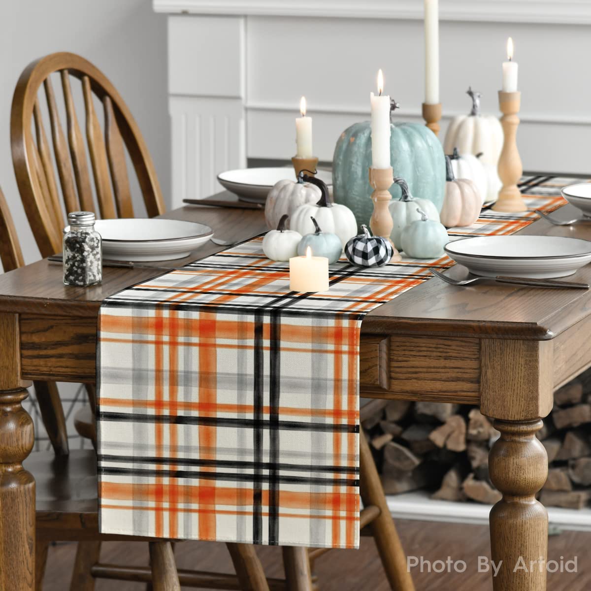 Artoid Mode Orange Black Buffalo Plaid Fall Table Runner, Halloween Kitchen Dining Table Decoration for Outdoor Home Party 13x108 Inch