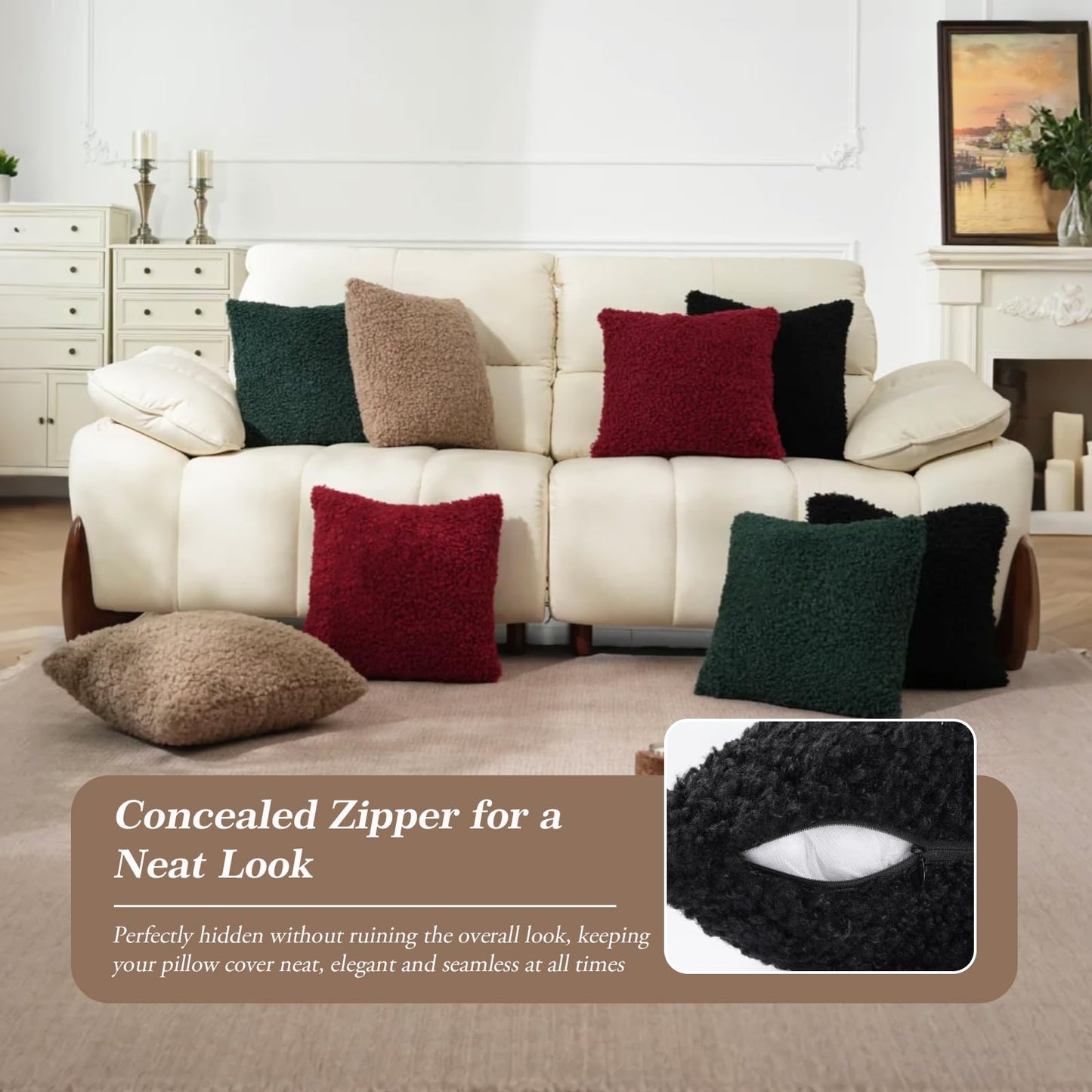 AMZWISE Pillow Covers Decorative Curly Teddy Wool 22X22 Inch Throw Pillows Set of 2 for Outdoor Garden, Boucle Textured Neutral Cushion Covers for Chair Sofa Bedroom Living Room Bed Decor, Black