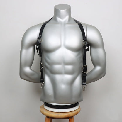 Mens Punk PU Leather Harness Adjustable Chest Body Belt with Buckles Rings Chain Design Adult Roleplay Outfit Clubwear Valentine's Day Festival Party Costume Gift for Men Adults