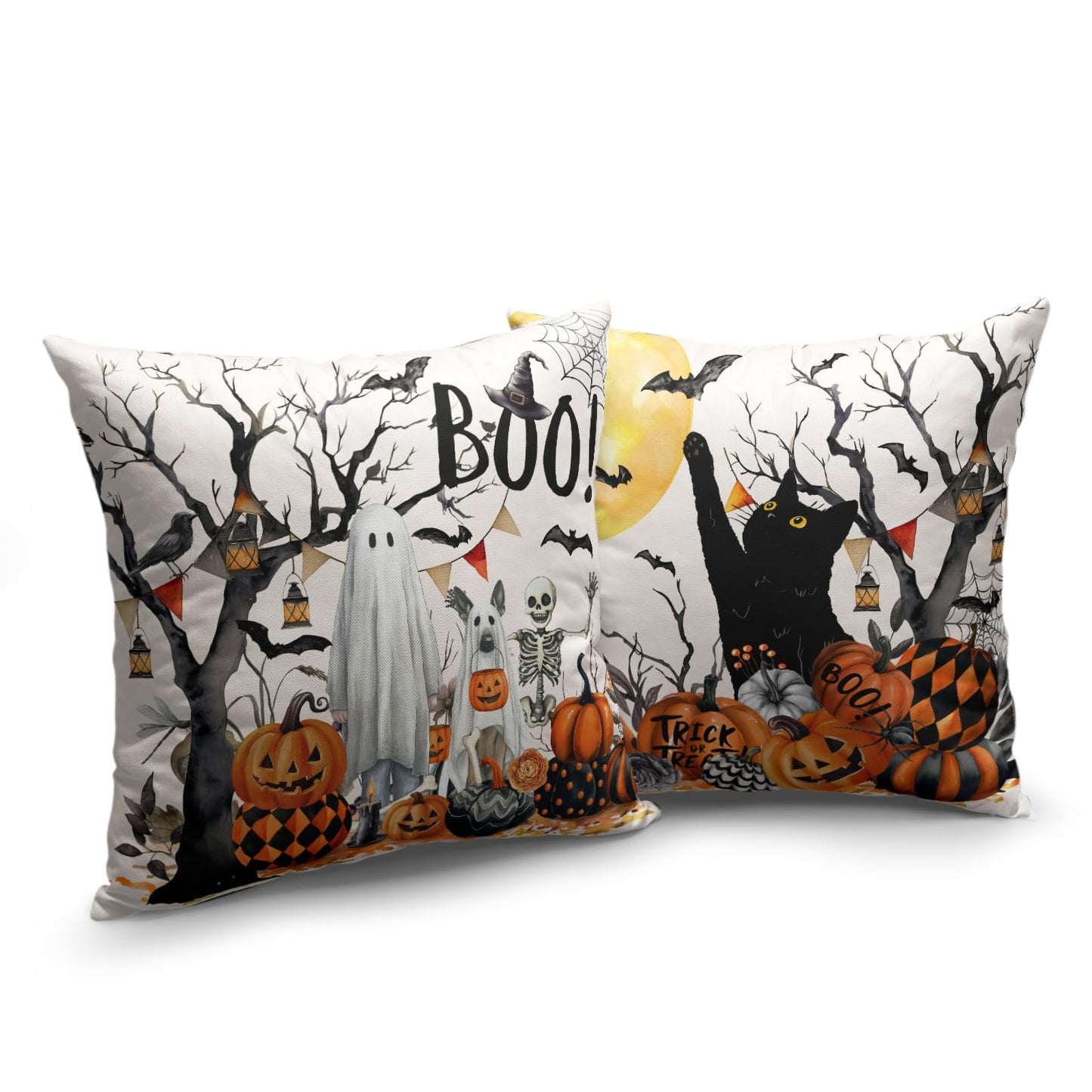 Wnoesat Halloween Outdoor Pillow Covers 18x18 Set of 2 Black Cat Pumpkin Moon Bat Throw Pillow Cases Ghost Spooky Boo Dog Skull Pillowcase Fall Holiday Decor for Home Sofa Couch