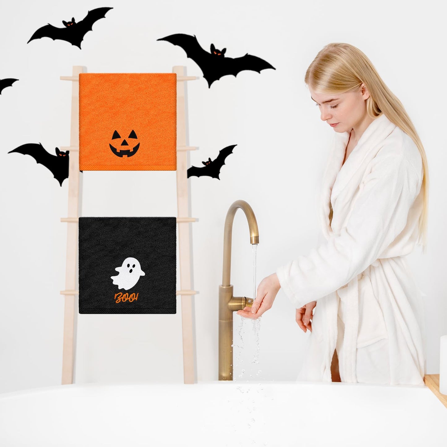 JarThenaAMCS Halloween Hand Towels Boo Ghost Pumpkin Face Embroidered Cotton Bathroom Towel Absorbent Bath Towel for Hand Drying Cleaning Cooking, 29.5 x 13.7 Inch, 2Pcs