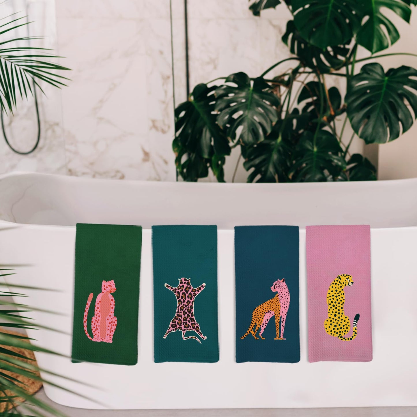 KFXHANGD Preppy Cheetah Kitchen Towels and Dishcloths Set of 4, Trendy Cheetah Bathroom Decor, Funky Leopard Dish Towels, Pink Leopard Decorative Hand Tea Towel for Bathroom Kitchen, 16x24 Inches