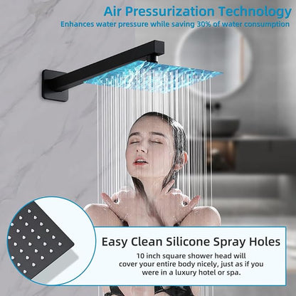 Matte Black Shower Faucet Set with Tub Spout 10 Inch, Shower Head and Handle with 2 Hooks, Tub and Shower Faucet Combo, Rain Shower and Handheld Shower System Square Wall Mount for Bathroom