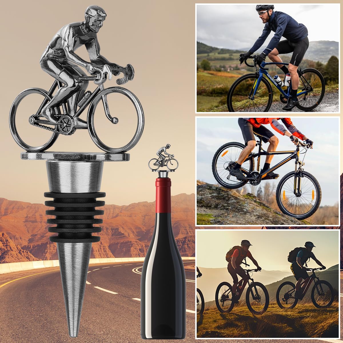 LULLEA Cycling Wine Bottle Stopper, Bicycle Gifts Cyclist Gifts Wine Gifts for Father's Day, Christmas, Birthday, Silver Bottle Stopper for Wine and Champagne with Bag
