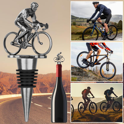 LULLEA Cycling Wine Bottle Stopper, Bicycle Gifts Cyclist Gifts Wine Gifts for Father's Day, Christmas, Birthday, Silver Bottle Stopper for Wine and Champagne with Bag