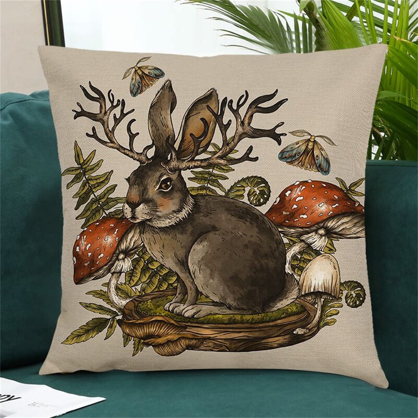 RinRinfam Mystery Witchy Decor Black Pillow Covers 18x18 Set of 4, Rose Skull Magic Girl Rabbit Mushroom Linen Pillow Cushion Cases, Farmhouse Home Decor
