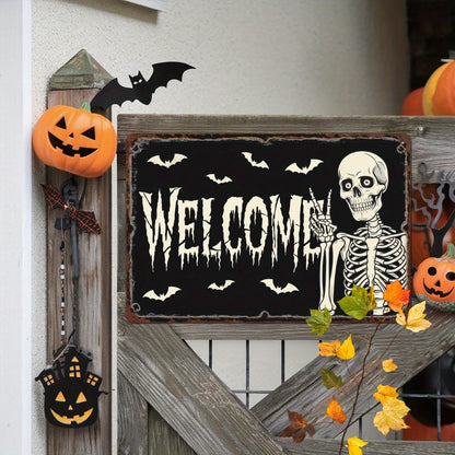 Welcome Skeleton Halloween Retro Metal Tin Sign Wall Art Decor for Front Door Home Farmhouse Halloween Party Indoor Outdoor 8x12 Inch