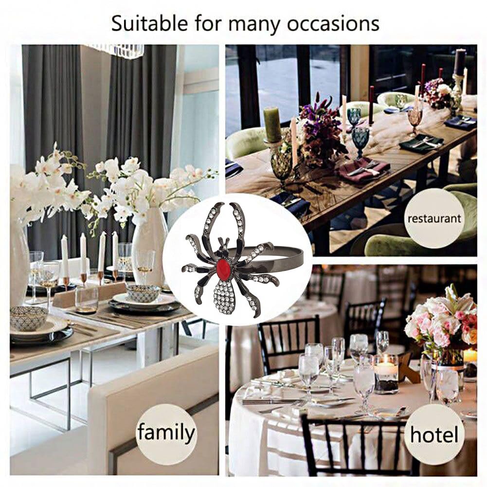 Halloween Napkin Rings Set of 6, Black Spider Napkin Ring with Rhinestones, Decorative Serviette Buckles Metal Holder for Cloth Napkins, Party Table Decor Banquet Birthday Holiday Daily Use