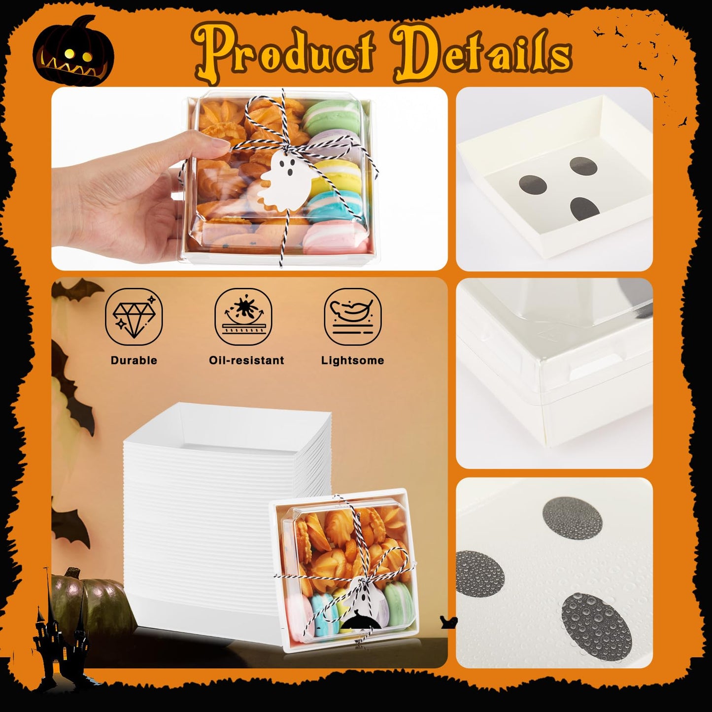 Yaomiao 50 Pcs Halloween Ghost Charcuterie Boxes with Clear Lids Rope Card 5.3 Inch Square Disposable Paper Food Containers Bakery Dessert Treat Boxes for Cake Cookie Sandwich Halloween Party Favors