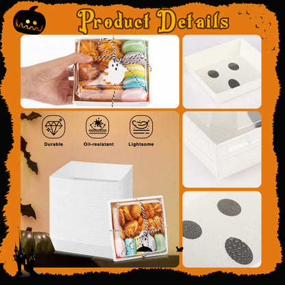 Yaomiao 50 Pcs Halloween Ghost Charcuterie Boxes with Clear Lids Rope Card 5.3 Inch Square Disposable Paper Food Containers Bakery Dessert Treat Boxes for Cake Cookie Sandwich Halloween Party Favors