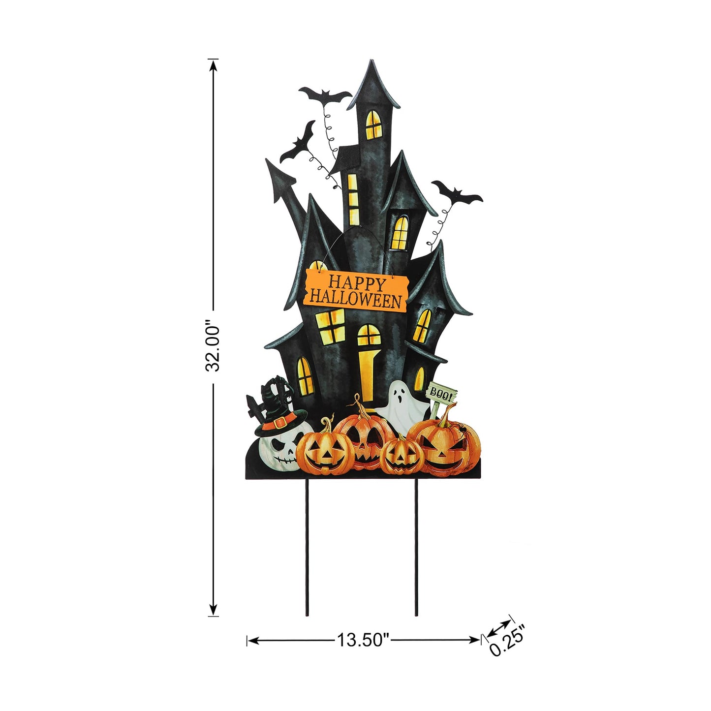 Glitzhome 32" H Halloween Metal Haunted House Yard Stake/Hanging Decor,Halloween Pumpkin Bats Ghost Garden Yard Sign for Lawn Decorations Outdoor Garden Halloween Party Decor