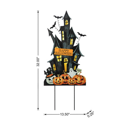 Glitzhome 32" H Halloween Metal Haunted House Yard Stake/Hanging Decor,Halloween Pumpkin Bats Ghost Garden Yard Sign for Lawn Decorations Outdoor Garden Halloween Party Decor