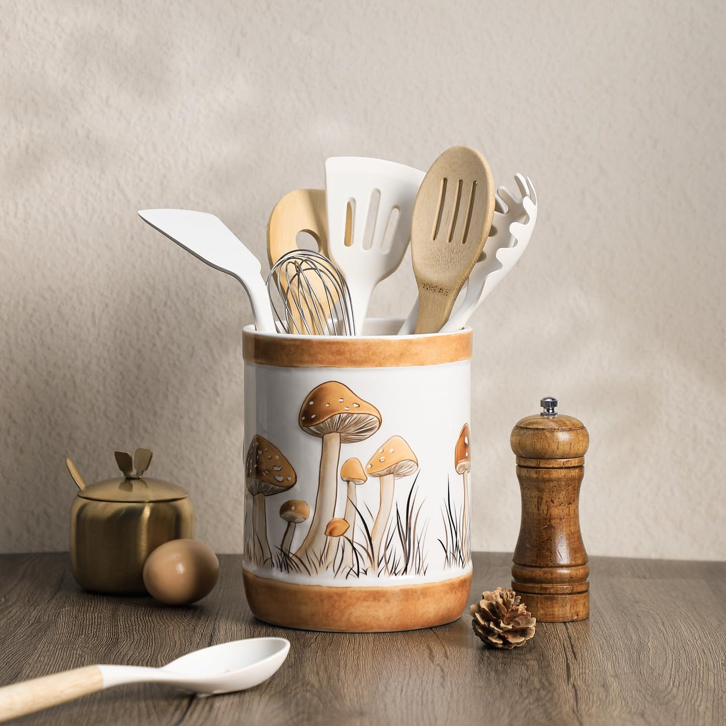 Bicuzat Brown Ceramic Mushroom Pattern Kitchen Utensil Holder, Large Cooking Utensil Crocks for Kitchen Countertop, Ceramic Utensil Organizer