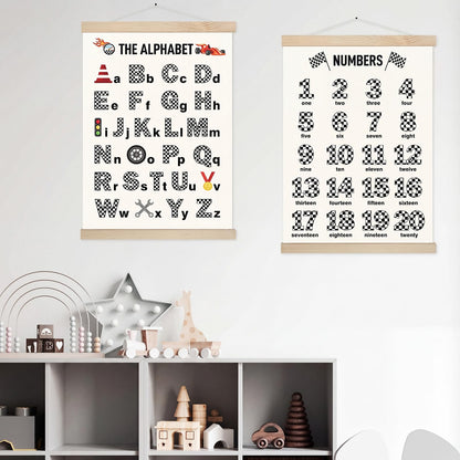 Fuyoooo Race Car Alphabet Posters Room Decor Cars Abc Poster Banner Educational Wall Art Posters with Hanging Wooden Frame 12 x 16 in for Preschoolers Kids Playroom Boys Nursery Bedroom