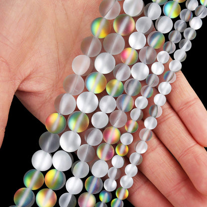 Matte Vitrail Medium Aurora Crystal Glass Beads, 6MM Frosted Glitter Shining Mermaid Round Loose Beads, Rainbow Holographic Synthetic Moonstone for Jewelry Making DIY Bracelet
