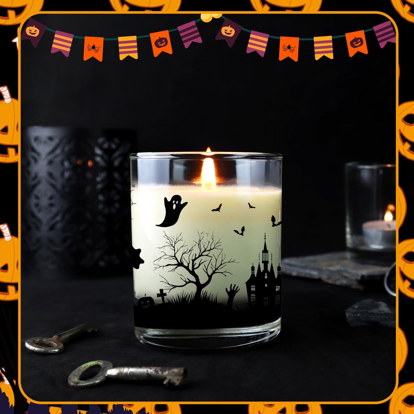 Ziliny 10 Pcs Halloween Village Glass Candle Jars Empty Containers Bulk 7 oz Halloween Glass Jars with Cork Lids Tins for Holiday Candle Making Storing Biscuits Tea Party Favors