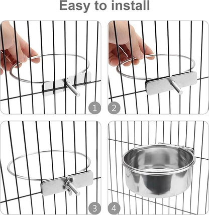 Wontee Pet Food Water Bowl with Clamp Holder Stainless Steel Feeding Cups Feeder for Dog Bird Parrot Cat Rabbit, 2 Packs (M)