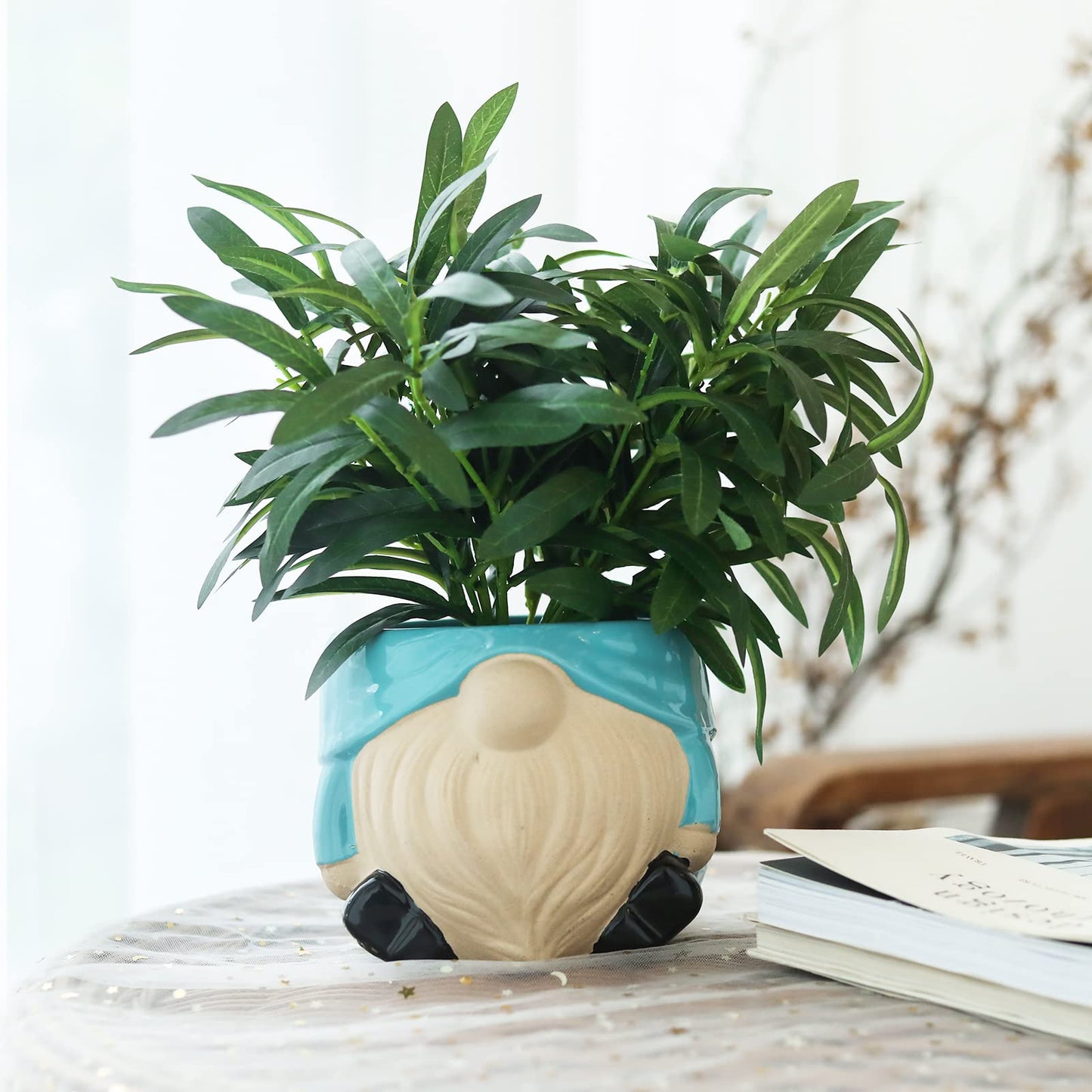 Chonsun Ceramic Planter 6 Inch Plant Pots Indoor Outdoor Flower Pots Succulent Plant Pot Mid-Century Planter Ceramic Blue Gnomes