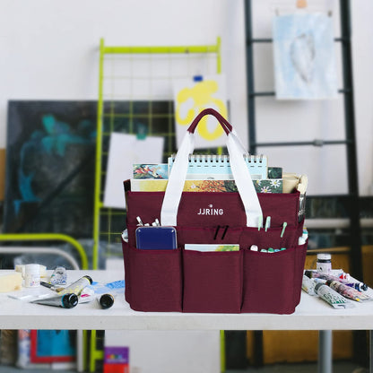 JJRING Craft Organizer Tote Bag, Large Art Storage Caddy with Multiple Pockets, Dark Red Sewing Bag for Art, Craft, Scrapbooking, Medical, and Office Supplies Storage