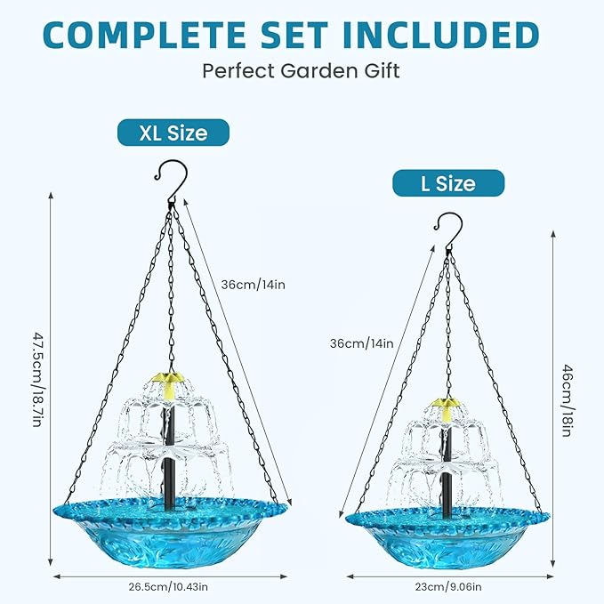 Solar Fountain for Bird Bath, Hanging Cascade Water Feature for Outdoor Garden & Yard Decor, Creates a Relaxing Flow that Attracts Birds (Blue)