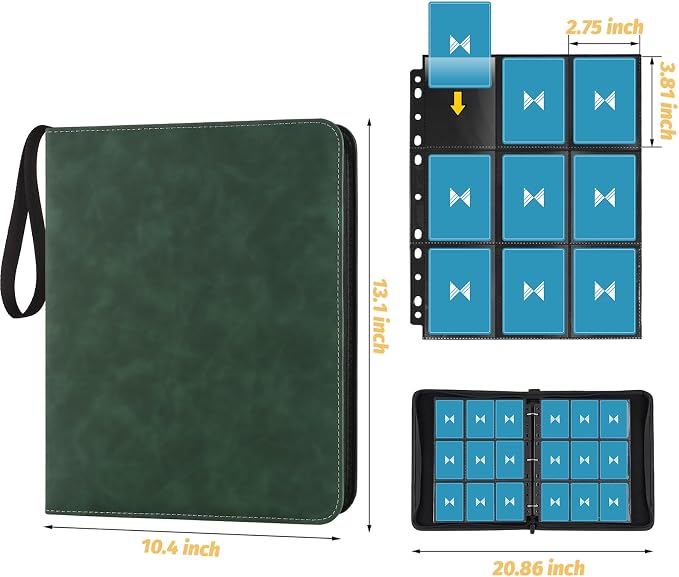GERMUN 3 Ring 9 Pocket Zipper Card Binder, 720 Double Sided Standard PU Trading Card Album Folder for TCG & Sports Cards, Not Fit Top Loaders (Dark Green)