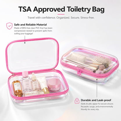 2-Pack Clear Hardshell Zipper Case, 1.2mm Thicken Crush-Proof Travel Toiletries Bag, TSA Approved Portable Zipper Pouches, Rigid Toiletry & Diaper Bag Organizer for Tech, Toys & Art Supplies(Pink)