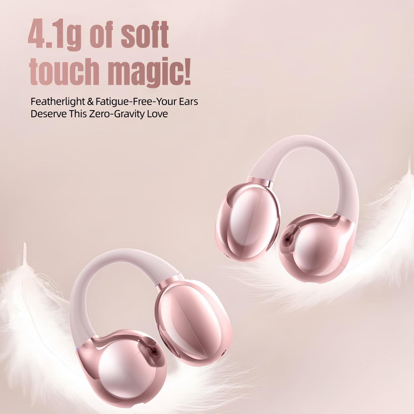 otinsile Open Ear Earbuds,Clip On Earbuds Wireless Bluetooth 6.0 with LCD Touchscreen, Lightweight Comfort Bone Conduction Headphones for Sports, Fitness, and Workouts, Rose Gold