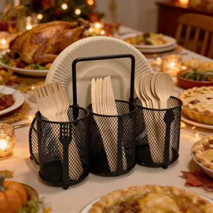 ETlanding Silverware Organizer Utensil Caddy - 4 Compartment Metal Cutlery Holder Flatware Storage Basket Fork Spoon Napkin Paper Plate Kitchen Countertop Party Picnic Camping Buffet Outdoor (Black)