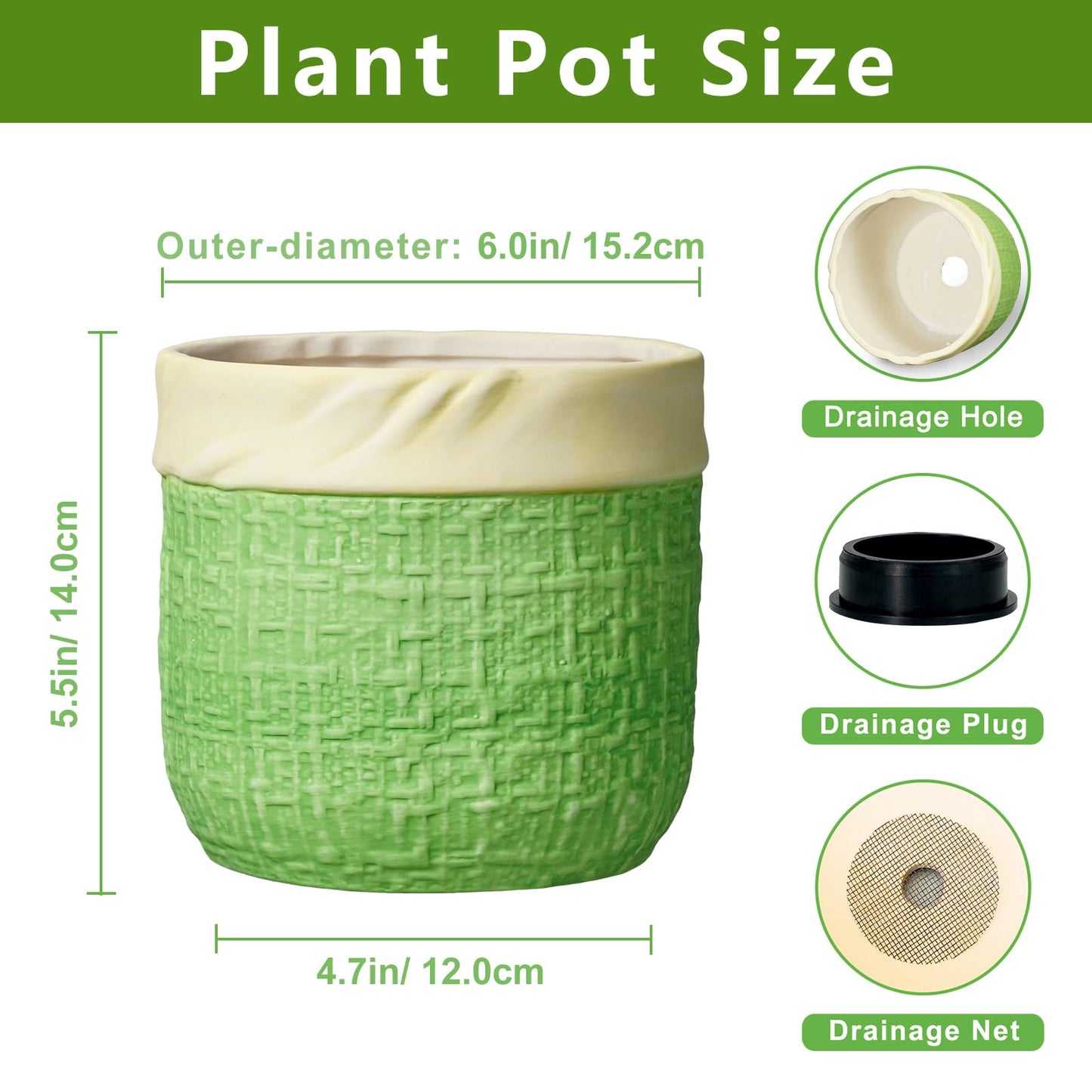 Teagas Ceramic Plant Pots - 6 Inch Plant Pot with Drainage Hole, Boho Planters for Indoor Succulent Plants, Decorative Round Unique Flower Pots, Garden Home Office Decor, Housewarming Gifts, Green