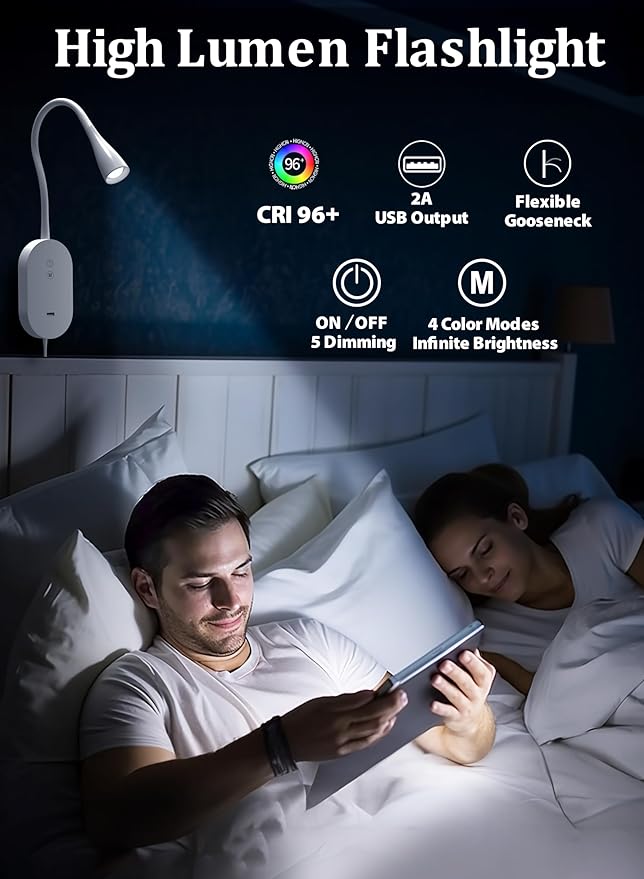 Wall Reading Light for Bed, Book Light with CRI 95+ for Eye Care, 4 Color Modes, 5 Dimmable, 2A USB Output, Memory Function, 4-Hour Auto Off, 360° Swivel Head Bed Headboard Reading Lamp White