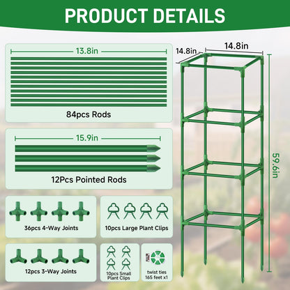 Square Tomato Cages Heavy Duty 3 Pack, Up to 59.6 Inches Tall Adjustable Tomato Trellis Cage for Garden, Plant Support for Vegetables Climbing Plants, Pots Raised Garden Bed Outdoor