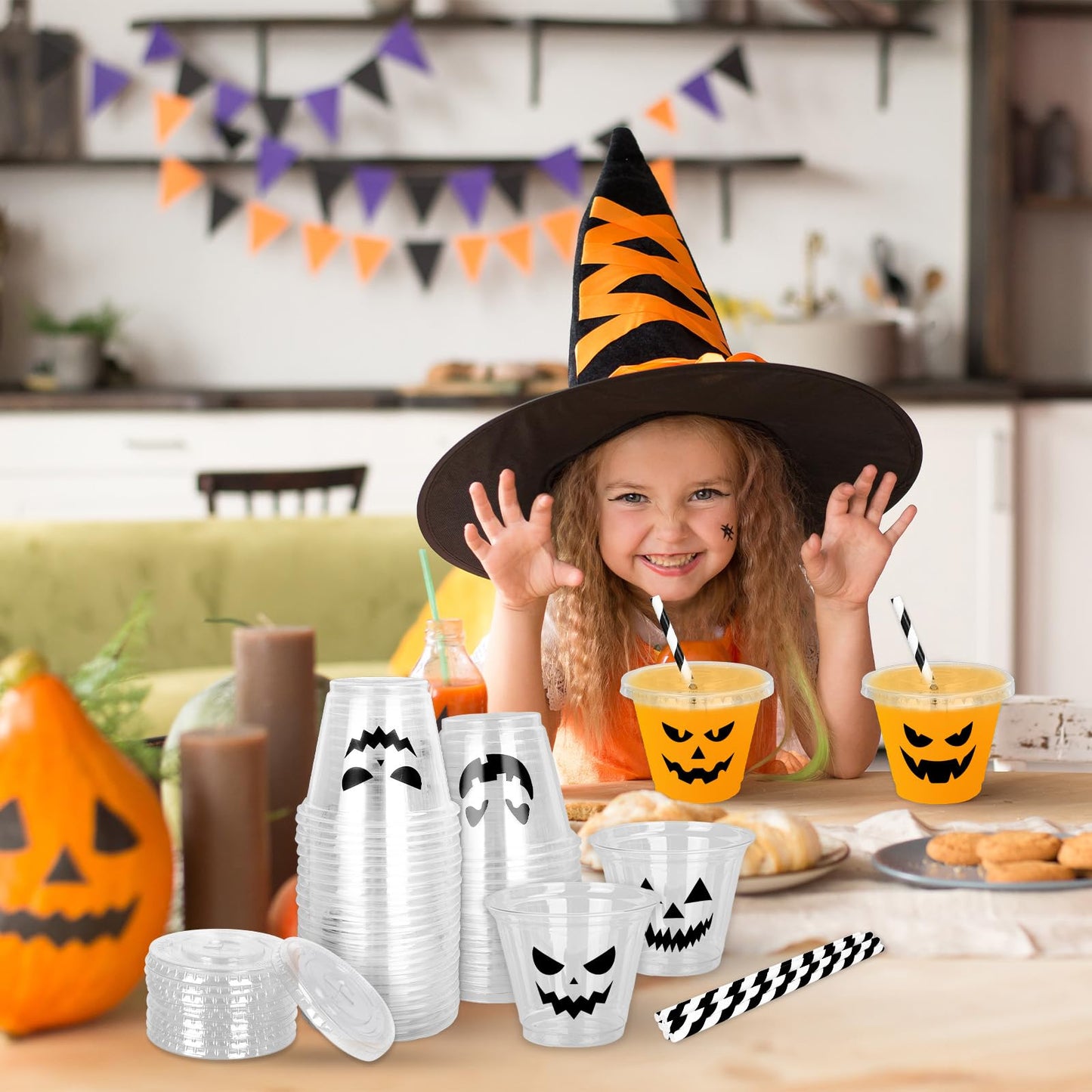 Whaline 60 Pcs 9 Oz Halloween Disposable Plastic Cups with Lids and Straws Black Evil Pumpkin Face Cold Beverage Drinking Cup for Trick or Treat Birthday Party Supplies
