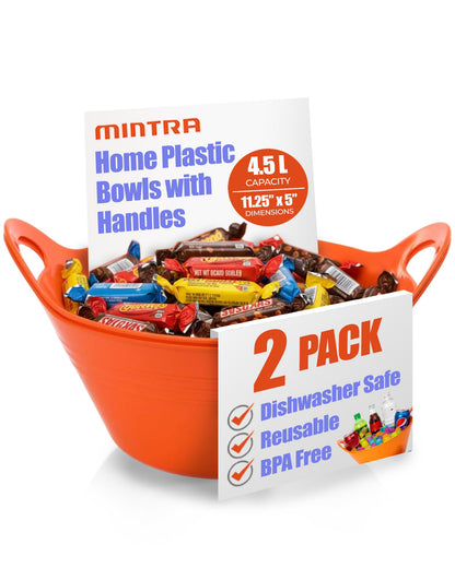 Mintra Home Plastic Bowls – Ideal for Popcorn, Cereals, Snacks, Kitchen Use & Halloween Trick or Treats Candies – Durable, Lightweight, Dishwasher Friendly, 4.5L w/Handles, Orange, 11.25W x 5H, 2 Pack