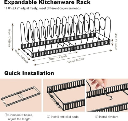 Housolution 2 Pack Pot and Pan Organizer, 12"-23" Expandable Pot Lid Organizer with 14 Adjustable Dividers, Pan Lid Holder Storage Rack for Cabinet, Black
