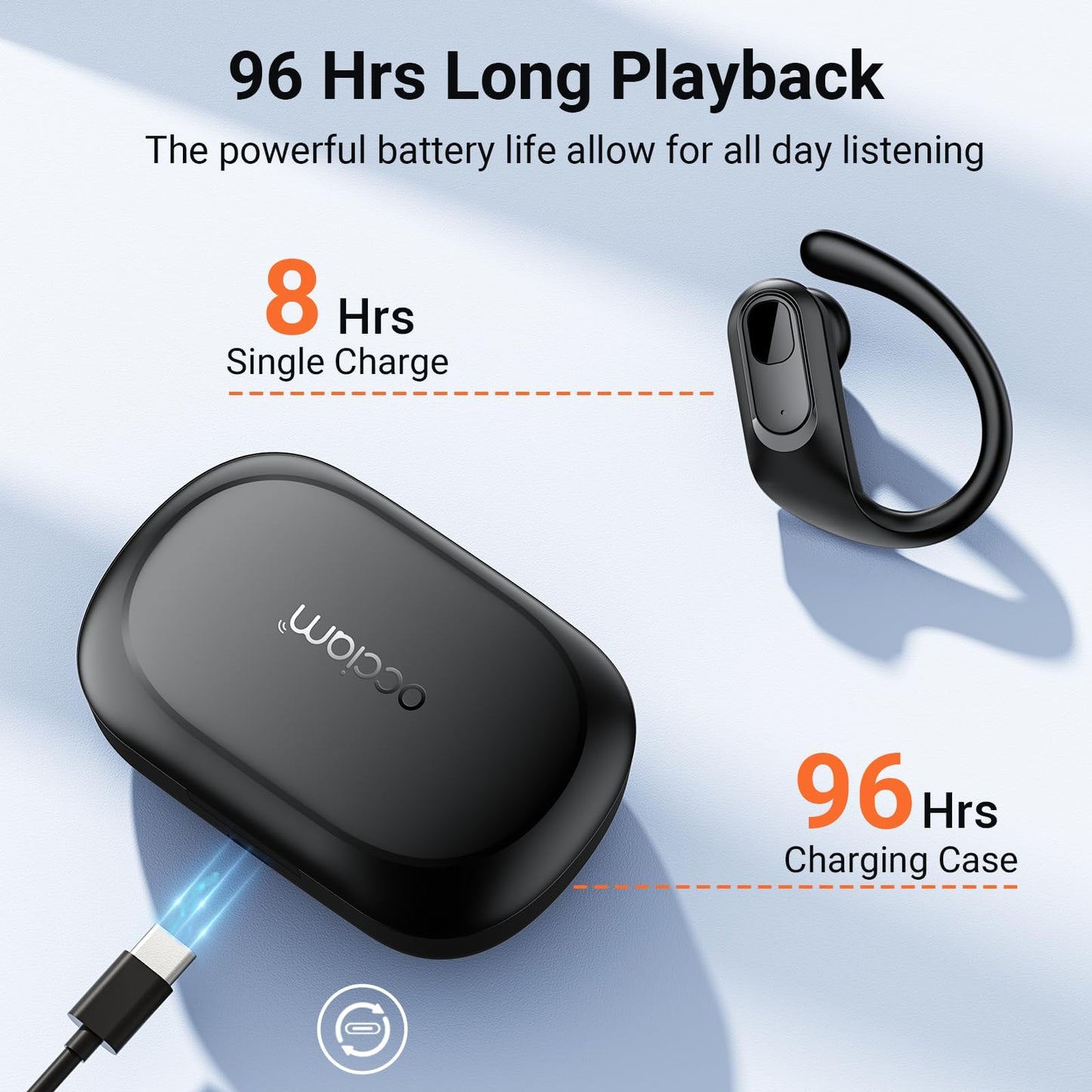 occiam Wireless Earbuds Bluetooth Headphones Ear Buds 96Hrs Playback Sport Over-Ear Waterproof Wireless Headphones Earphones with Earhooks ENC Mics Clear Call for Sport Running Workout (Black)