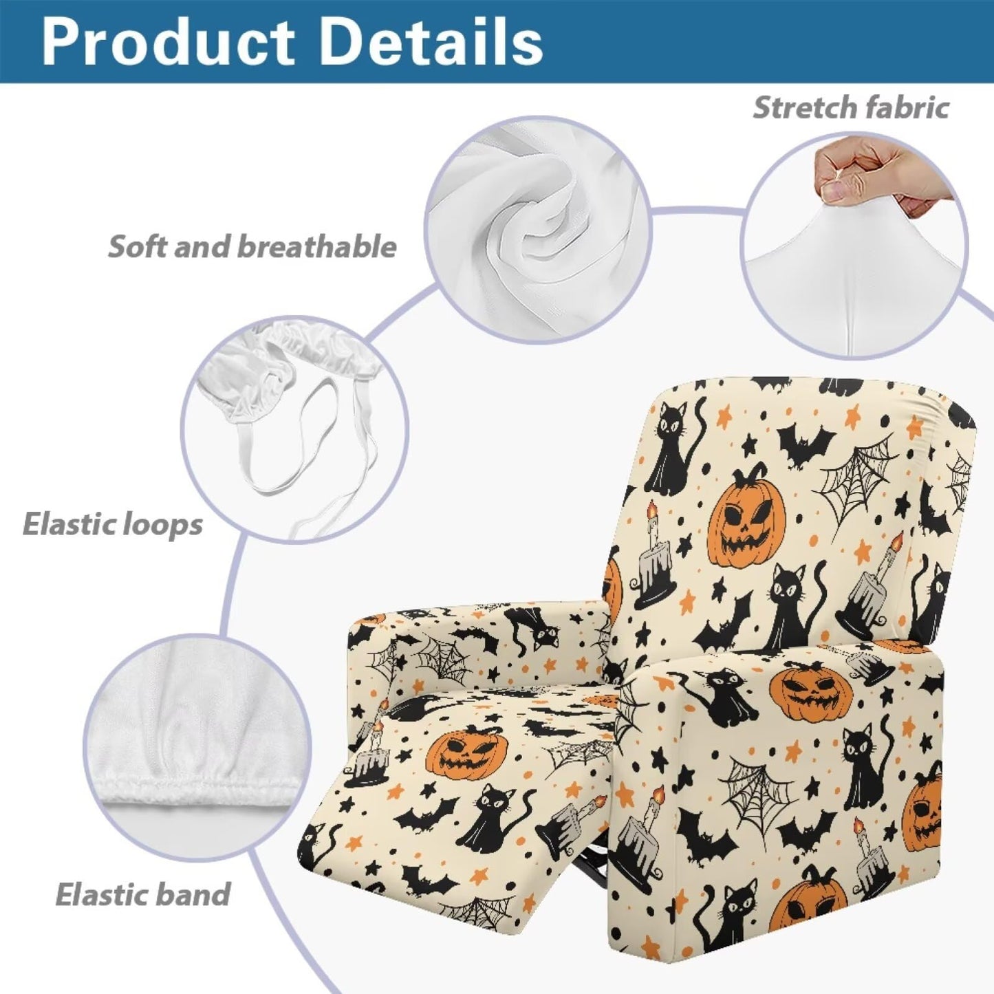 ASQVTIFE Pumpkin Recliner Covers That Stay in Place for Living Room Halloween Black Cat Electric Recliner Chair Covers Halloween Chair Cover for Recliner Halloween Decorations for Home Easy to Clean