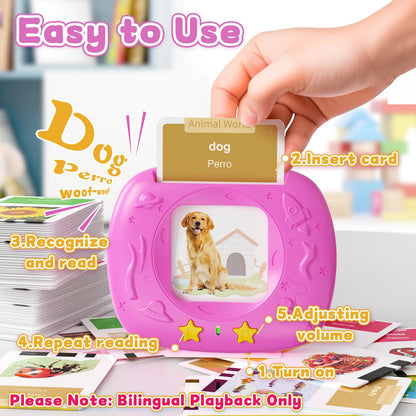 HOMESTEC Toddlers Bilingual Spanish & English Talking Flash Cards with 288 Sight Words, Speech Therapy Toys for 1 2 3 4 5 6 Years Old Boys and Girls, Learning Educational Kids Gifts (Pink)