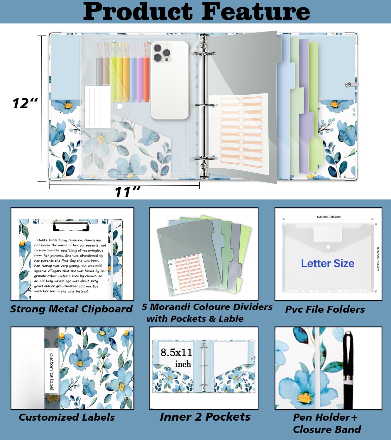 2 Inch 3 Ring Binder Organizer, Three Ring Binders with Clipboard, 5-Tabs Pockets Dividers, Plastic Folder, 18 Divider Stikers, KLLVE Decorative Binder with Pen Loop (Blue Flora, Letter Size)