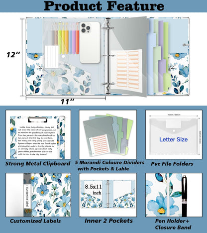2 Inch 3 Ring Binder Organizer, Three Ring Binders with Clipboard, 5-Tabs Pockets Dividers, Plastic Folder, 18 Divider Stikers, KLLVE Decorative Binder with Pen Loop (Blue Flora, Letter Size)