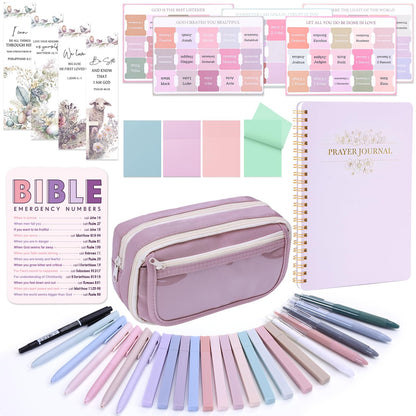 XKDOUS Bible Study Supplies Journaling Kit for Women, Bible Study Kit, 12 Pastel Highlighters and 12 Pens No Bleed, 75 Laminated Tabs, Prayer Journal Pencil Case and More, Purple